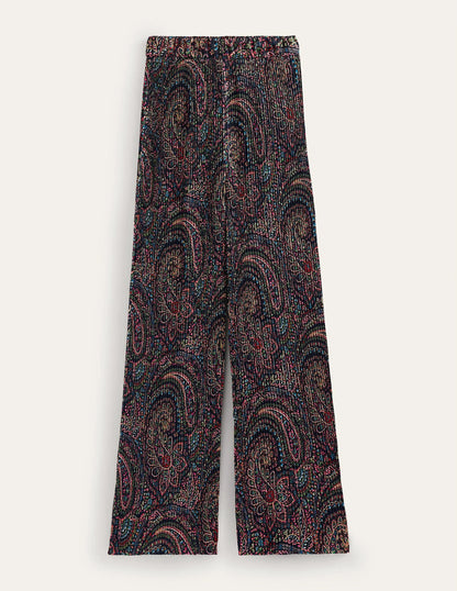 Plisse Satin Wide Leg Trousers-Light Navy, Palace