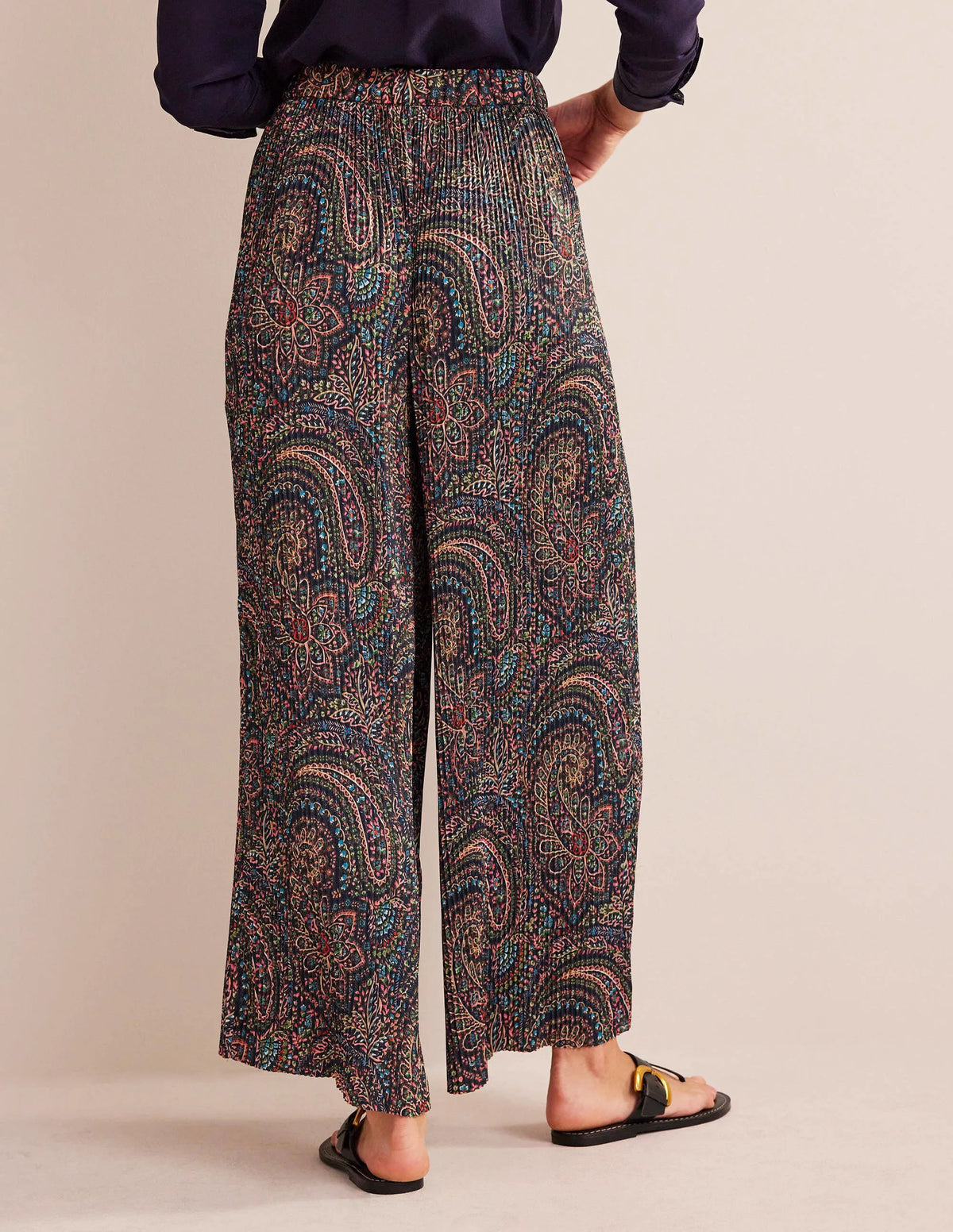 Plisse Satin Wide Leg Trousers-Light Navy, Palace