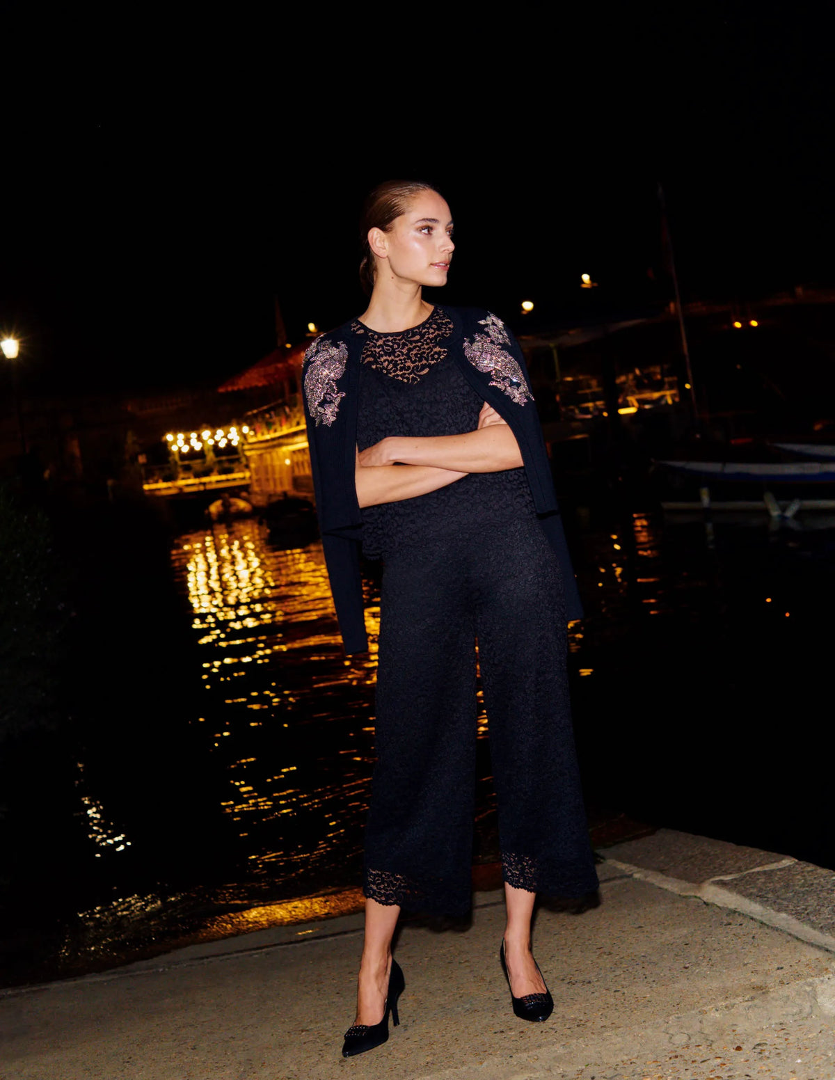 Cropped Wide-Leg Lace Pants-Black