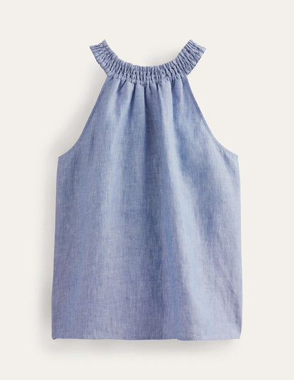 Linen Smocked Halter Top-Chambray