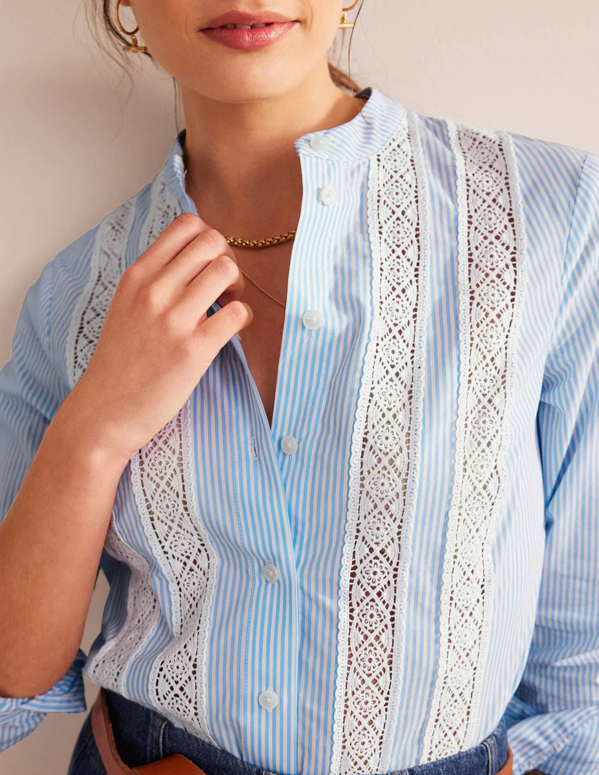 Lace-Panelled Poplin Shirt-Cornflower Fine Ticking Stripe