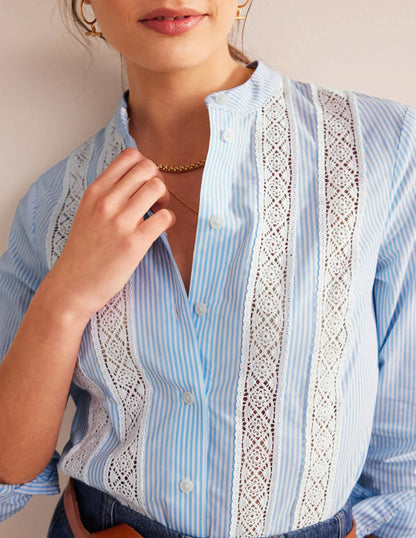 Lace-Panelled Poplin Shirt-Cornflower Fine Ticking Stripe