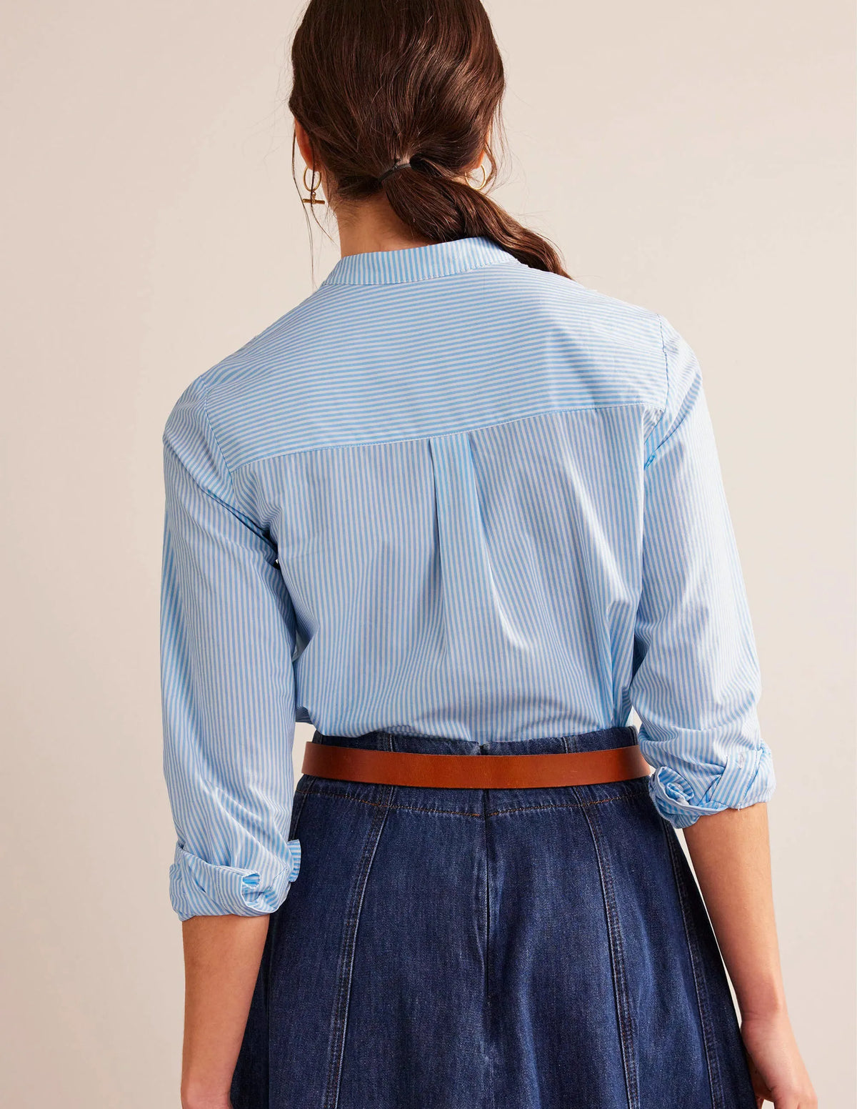 Lace-Panelled Poplin Shirt-Cornflower Fine Ticking Stripe