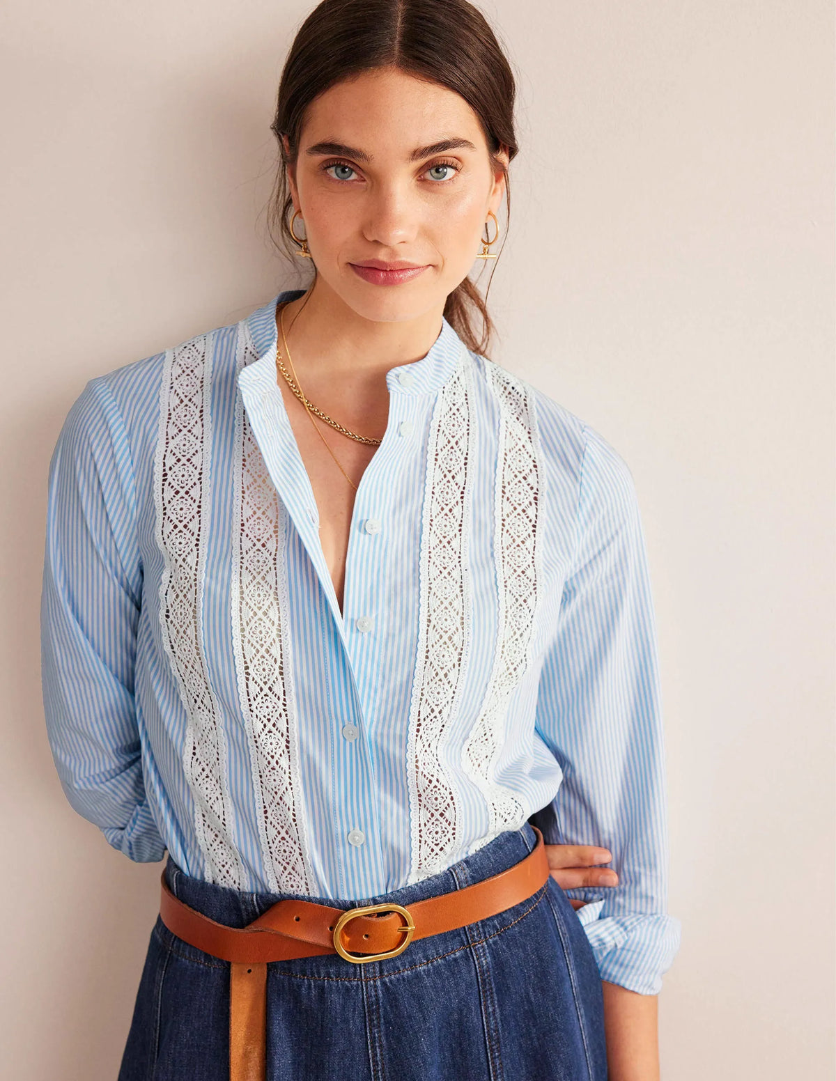 Lace-Panelled Poplin Shirt-Cornflower Fine Ticking Stripe