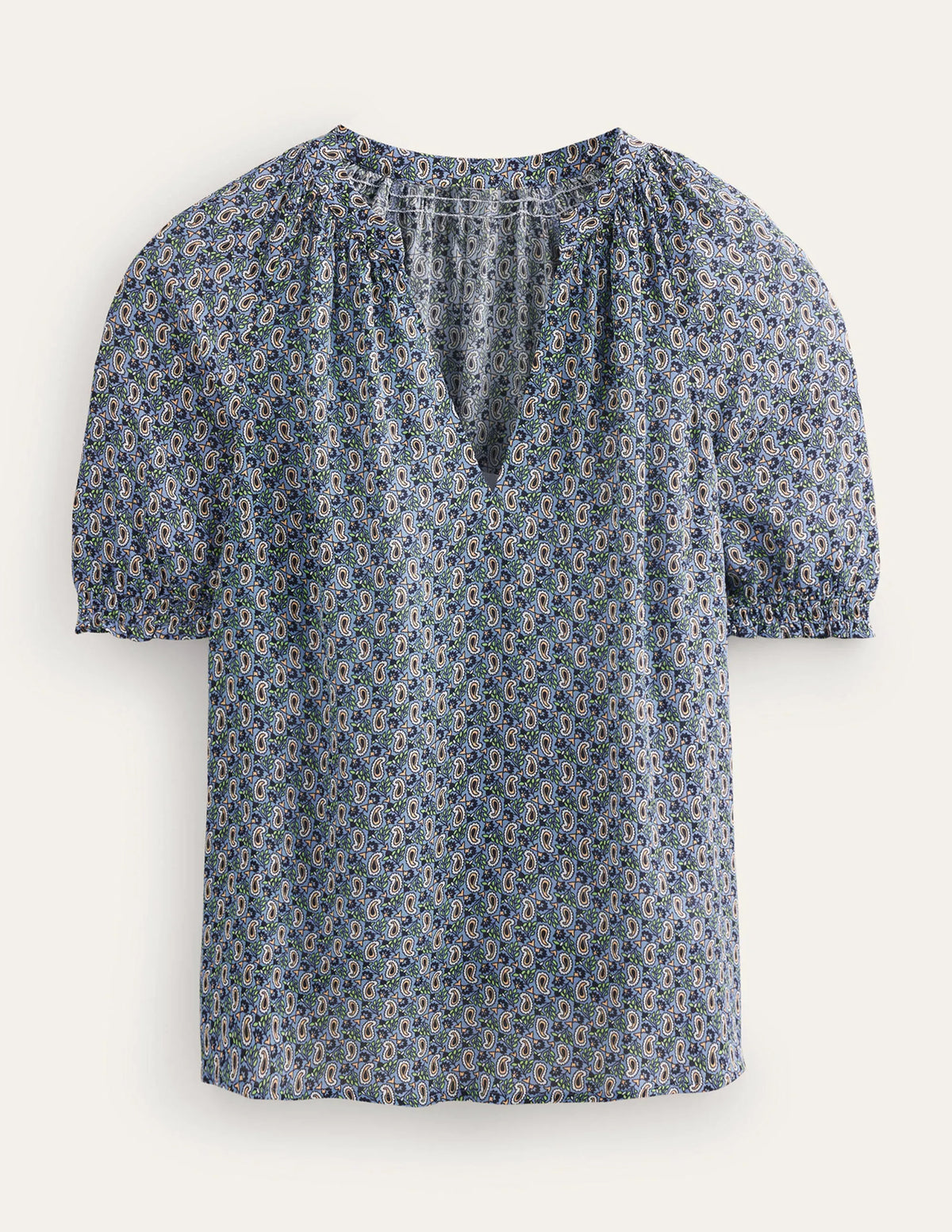 Gathered Neck Short Sleeve Top-Blue, Paisley Stem