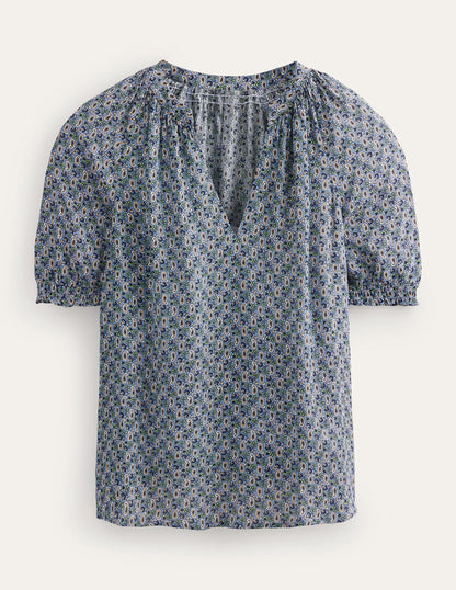 Gathered Neck Short Sleeve Top-Blue, Paisley Stem