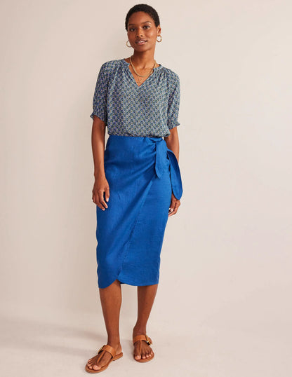 Gathered Neck Short Sleeve Top-Blue, Paisley Stem