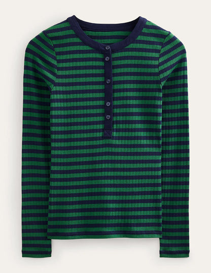 Anna Rib Henley T-Shirt-Green, Navy