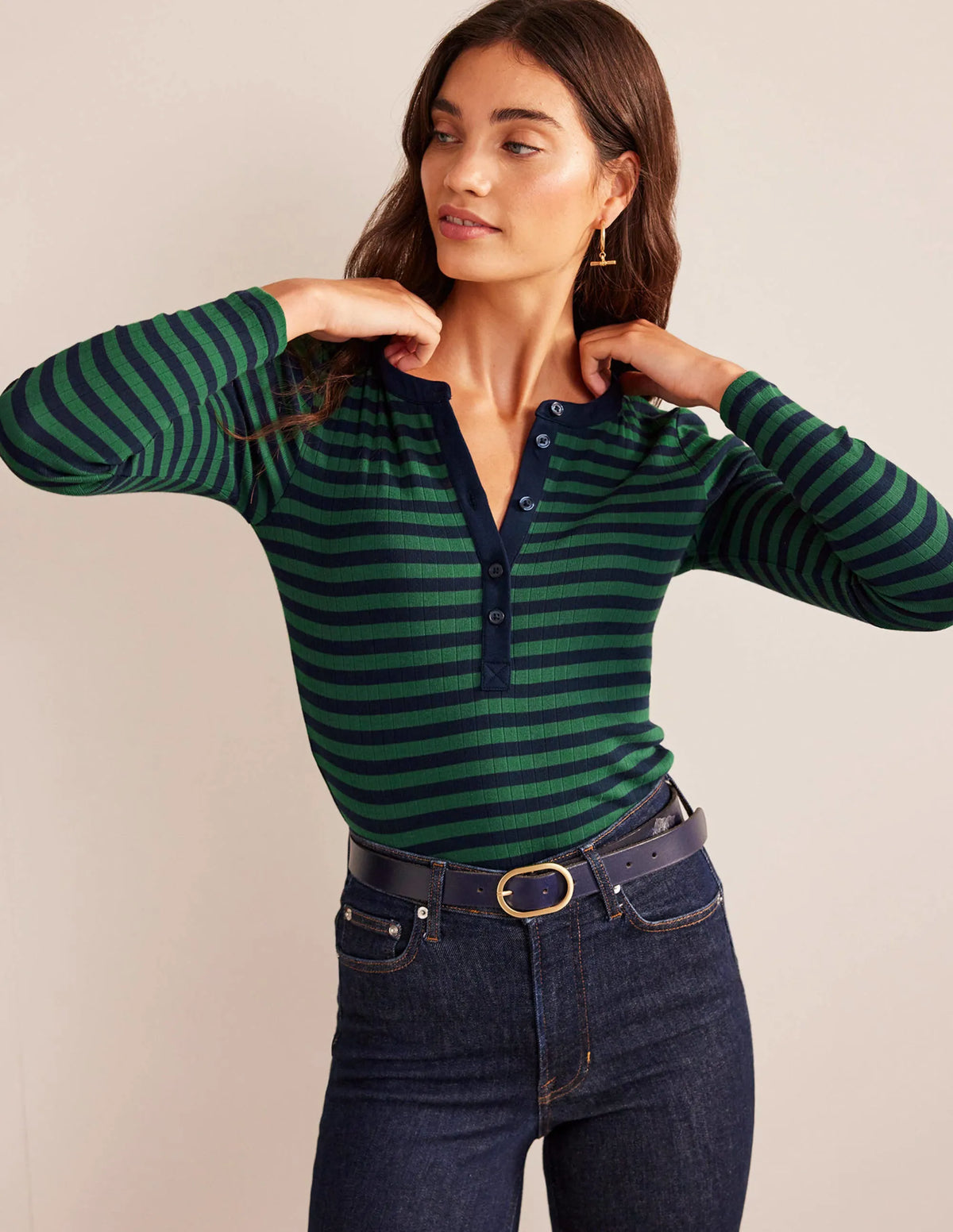 Anna Rib Henley T-Shirt-Green, Navy