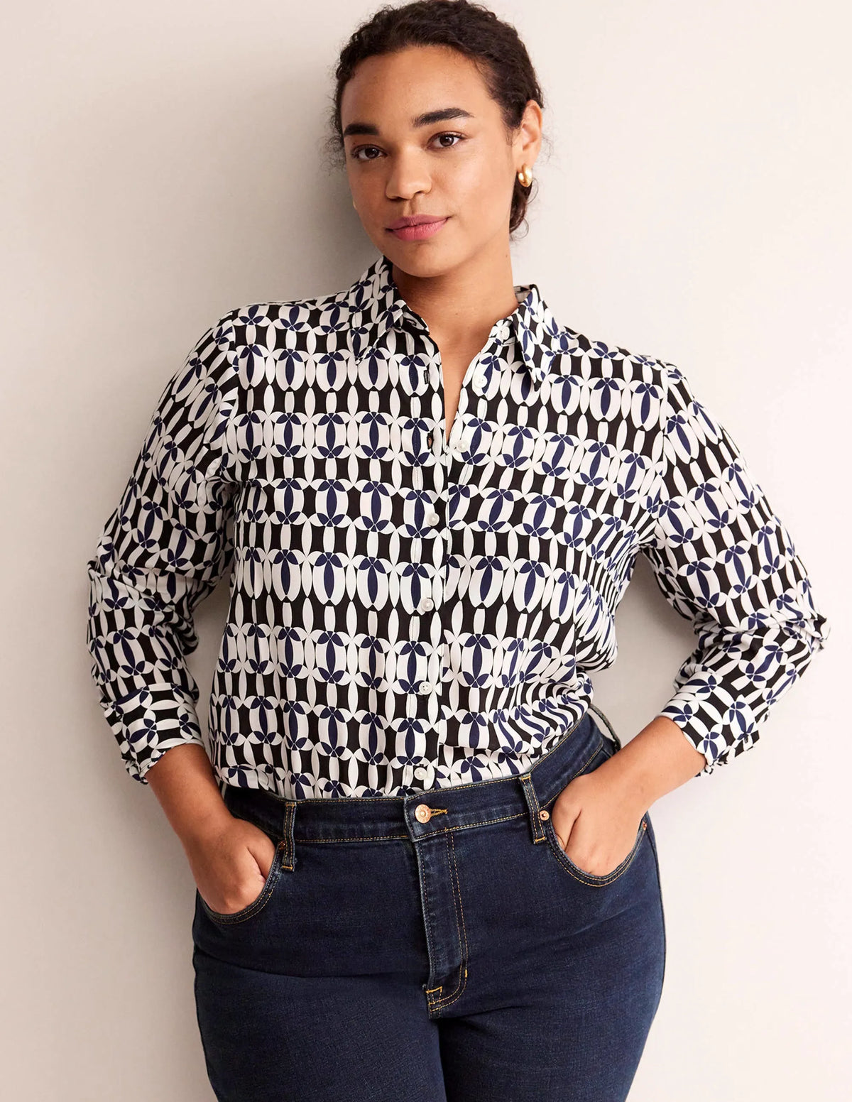 Sienna Silk Shirt-Black, Geometric