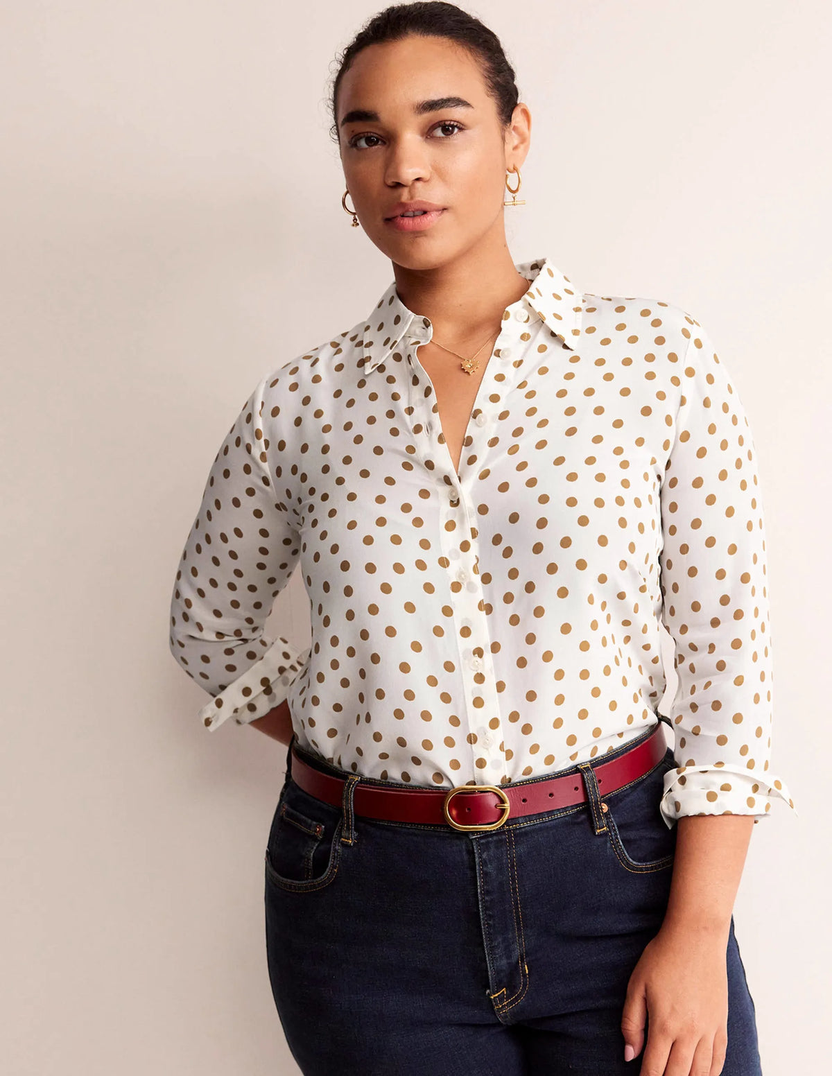 Sienna Silk Shirt-Camel, Dotty Spot