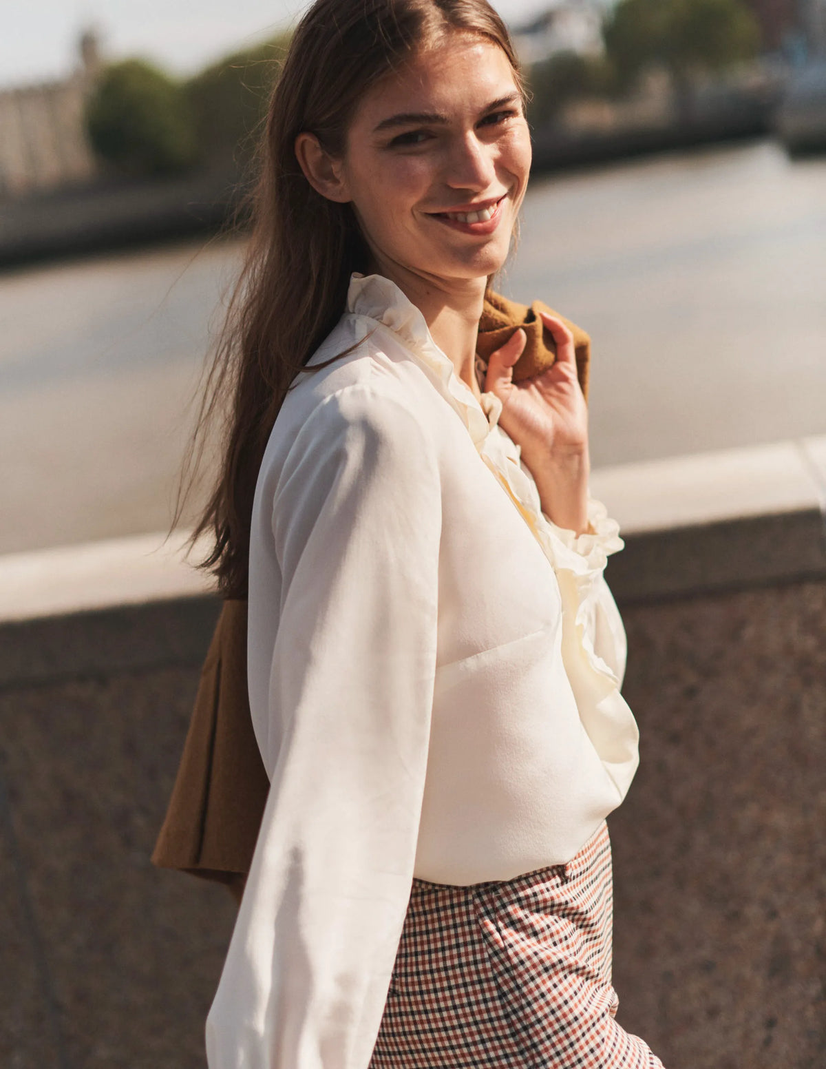 Ruffle Neck Silk Blouse-Ivory