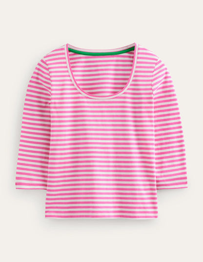 3/4 Sleeve Scoop Neck Top-Ivory, Pink