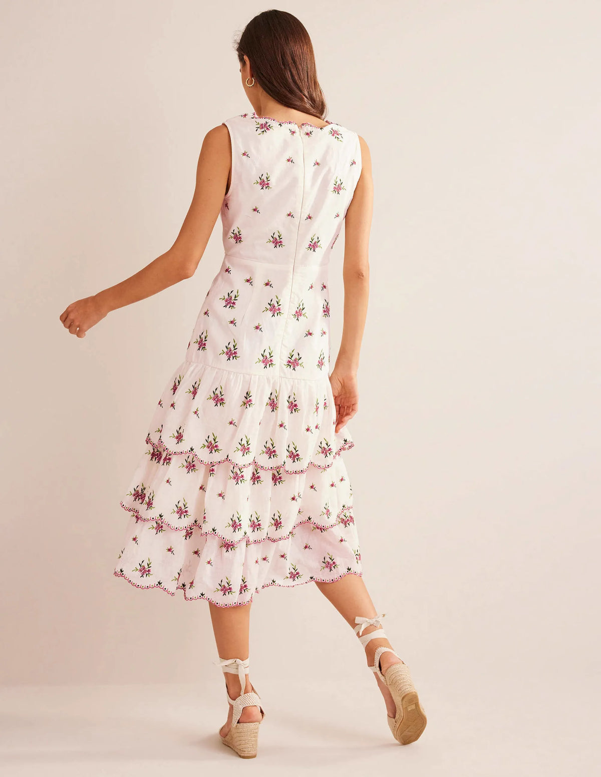 Embroidered Tiered Midi Dress-Ivory