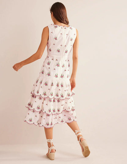 Embroidered Tiered Midi Dress-Ivory