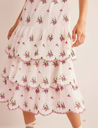 Embroidered Tiered Midi Dress-Ivory