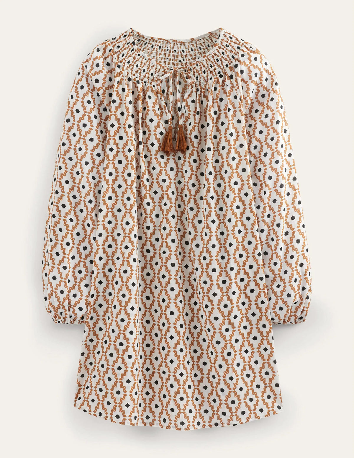 Smocked Neck Beach Kaftan-Cashew, Geo Trance