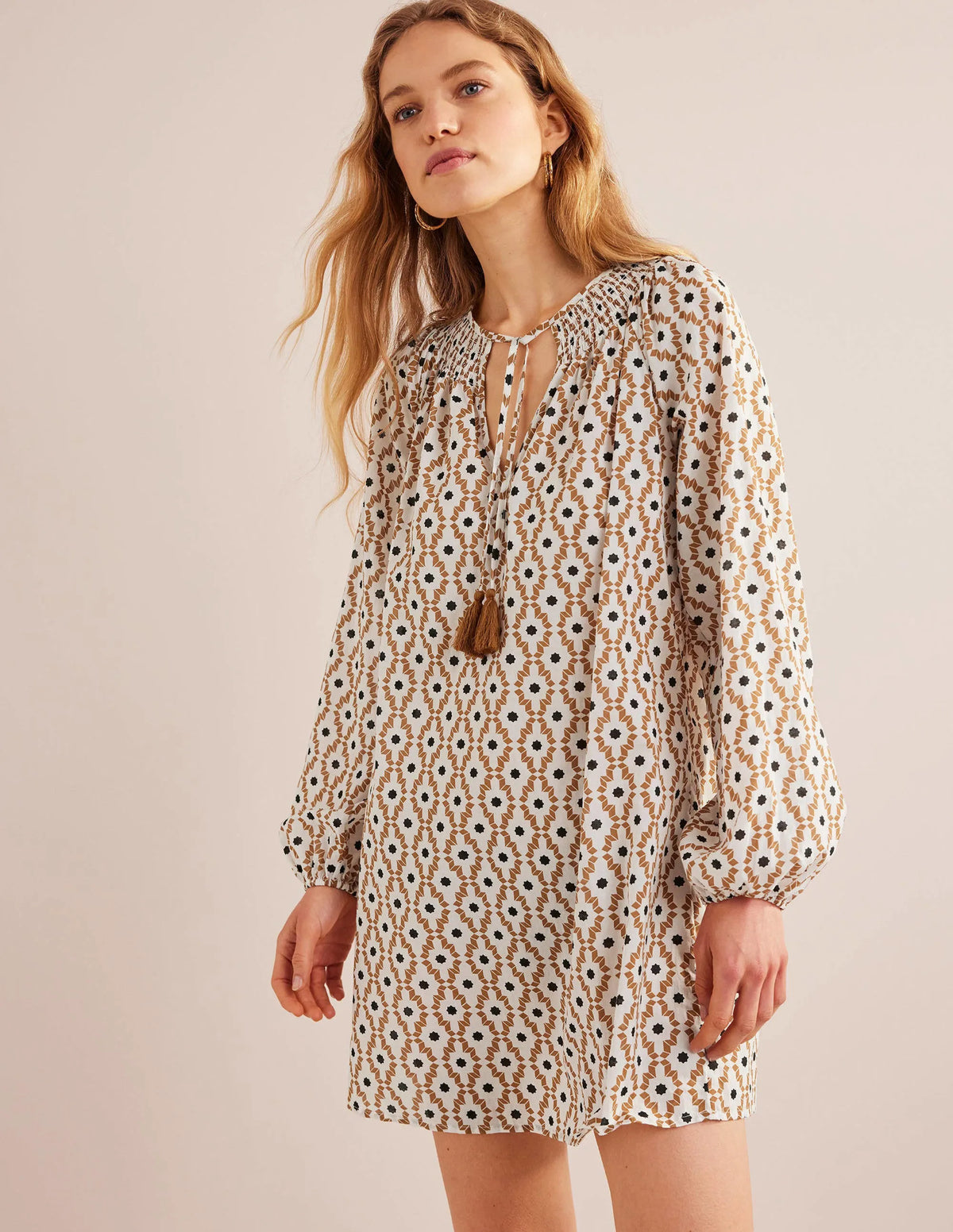 Smocked Neck Beach Kaftan-Cashew, Geo Trance