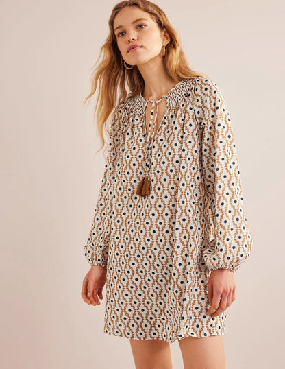 Smocked Neck Beach Kaftan-Cashew, Geo Trance