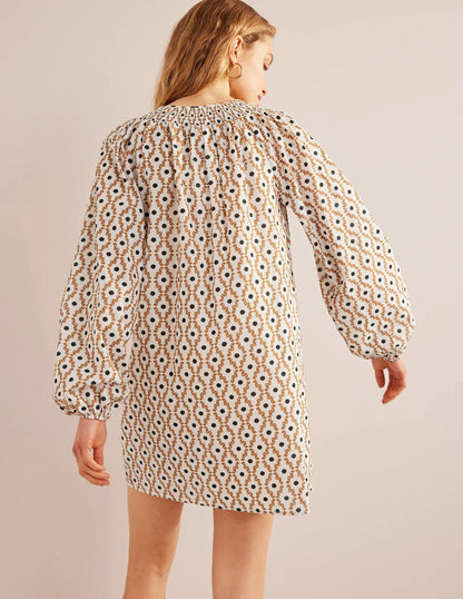 Smocked Neck Beach Kaftan-Cashew, Geo Trance