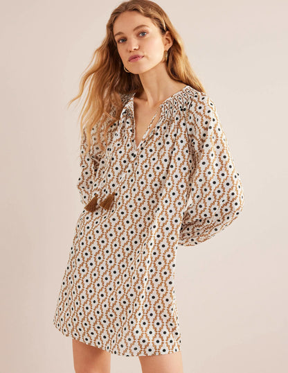 Smocked Neck Beach Kaftan-Cashew, Geo Trance