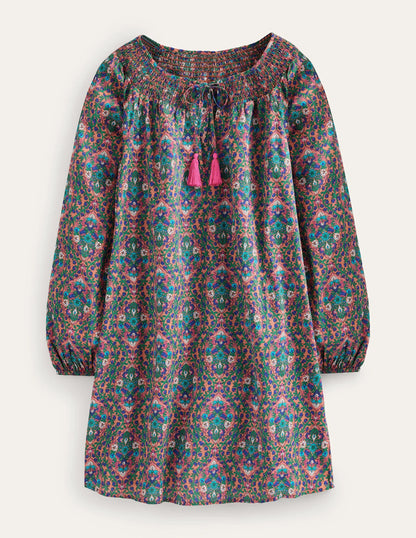 Smocked Neck Beach Kaftan-Multi, Vine Terrace