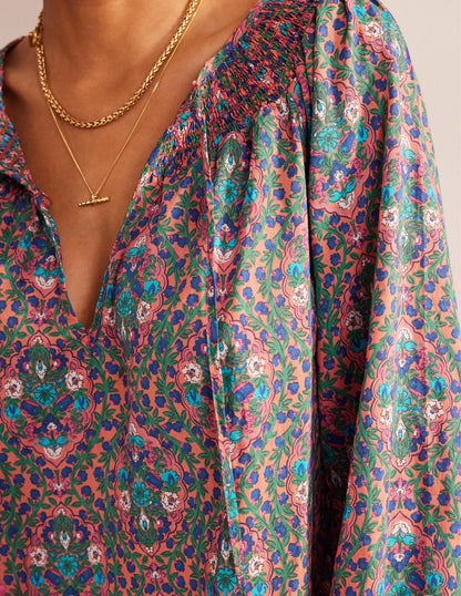 Smocked Neck Beach Kaftan-Multi, Vine Terrace