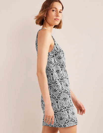 Racer Neck Jersey Mini Dress-Black, Exotic Tile
