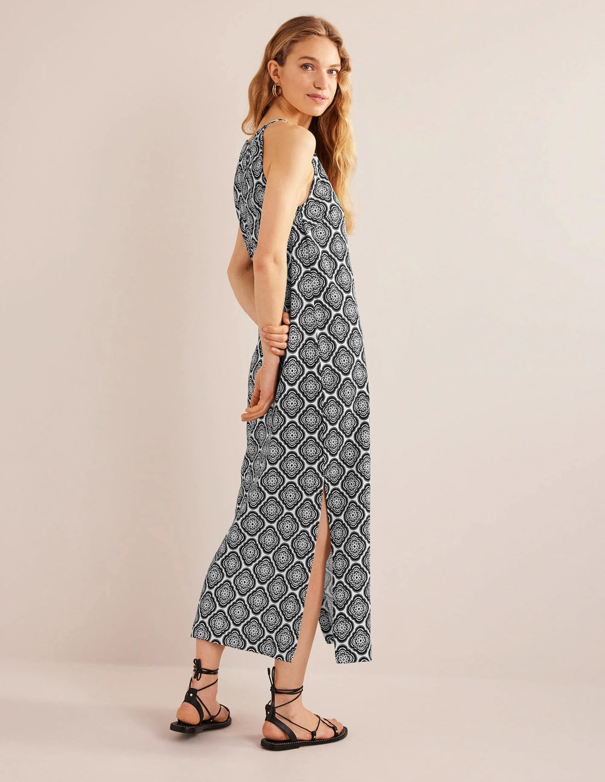Racer Neck Jersey Midi Dress-Black, Botanic Blush