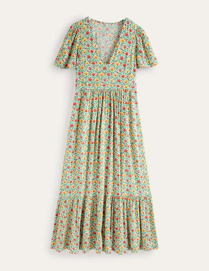 V-neck Tiered Maxi Dress-Green, Enchanting Bloom