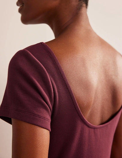 Low-Back Rib Jersey Mini Dress-Dark Burgundy