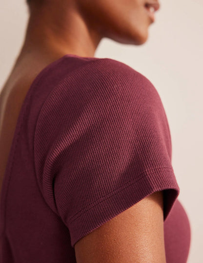 Low-Back Rib Jersey Mini Dress-Dark Burgundy