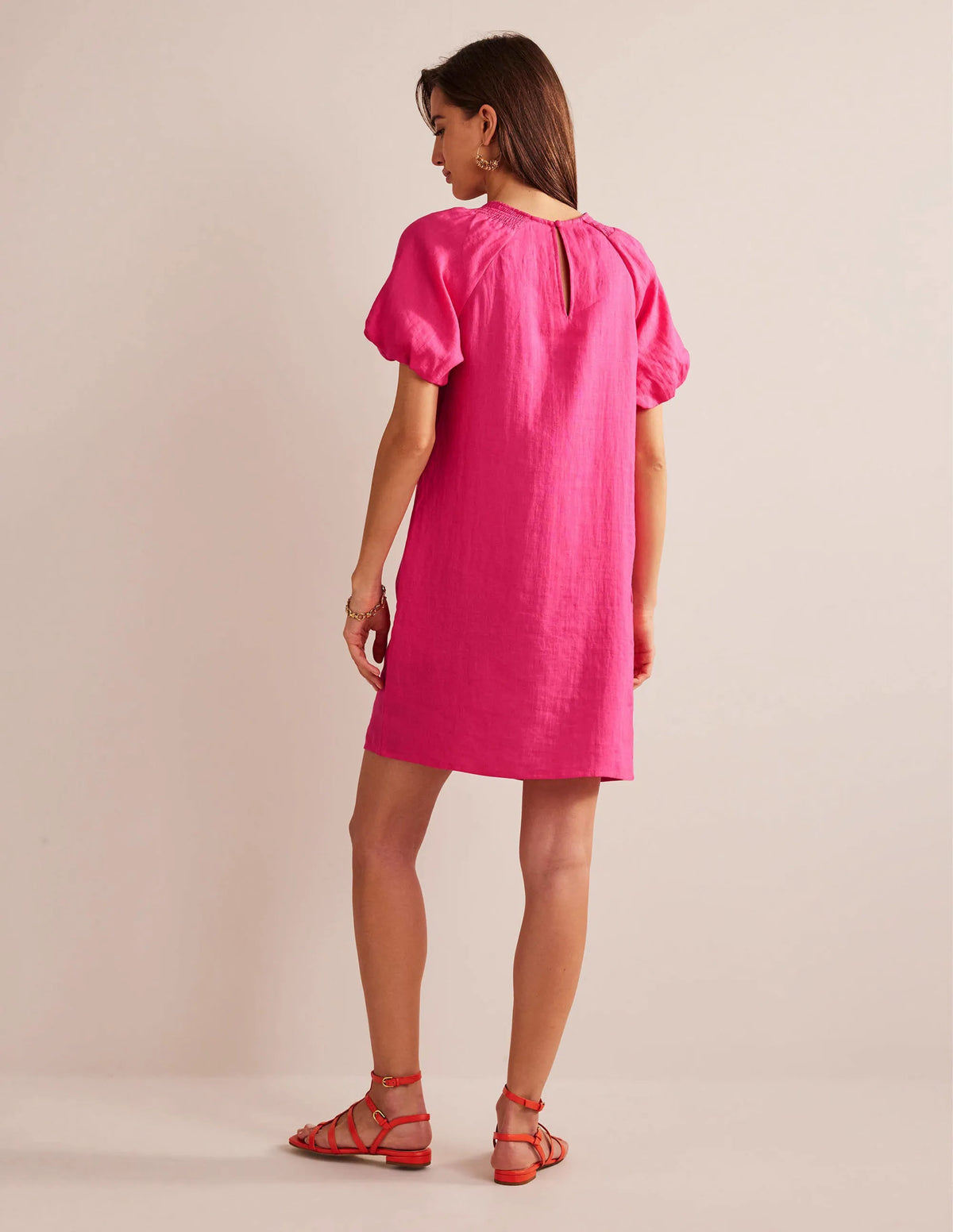 Sleeve Detail Linen Mini Dress-Festival Pink
