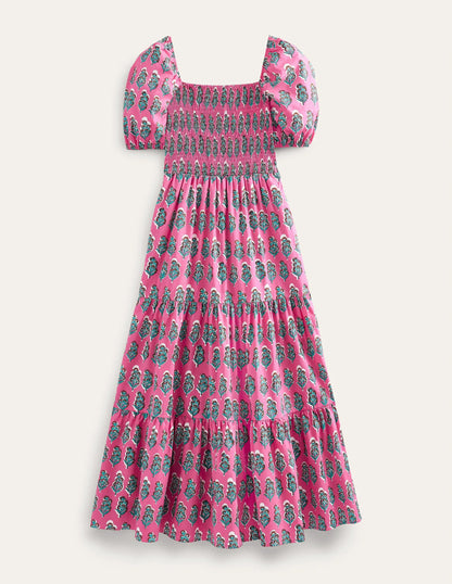 Smocked Bodice Maxi Dress-Festival Pink, Artisan Bloom