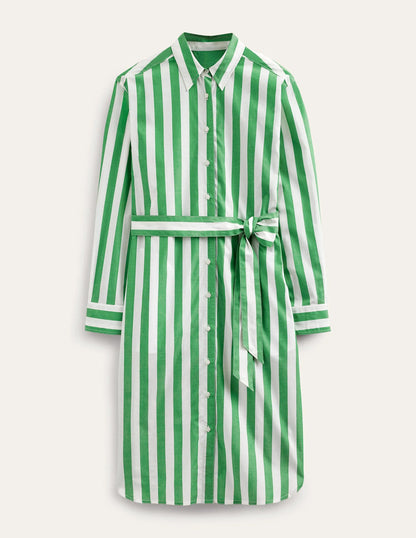 Relaxed Cotton Shirt Dress-Rich Emerald and Ivory