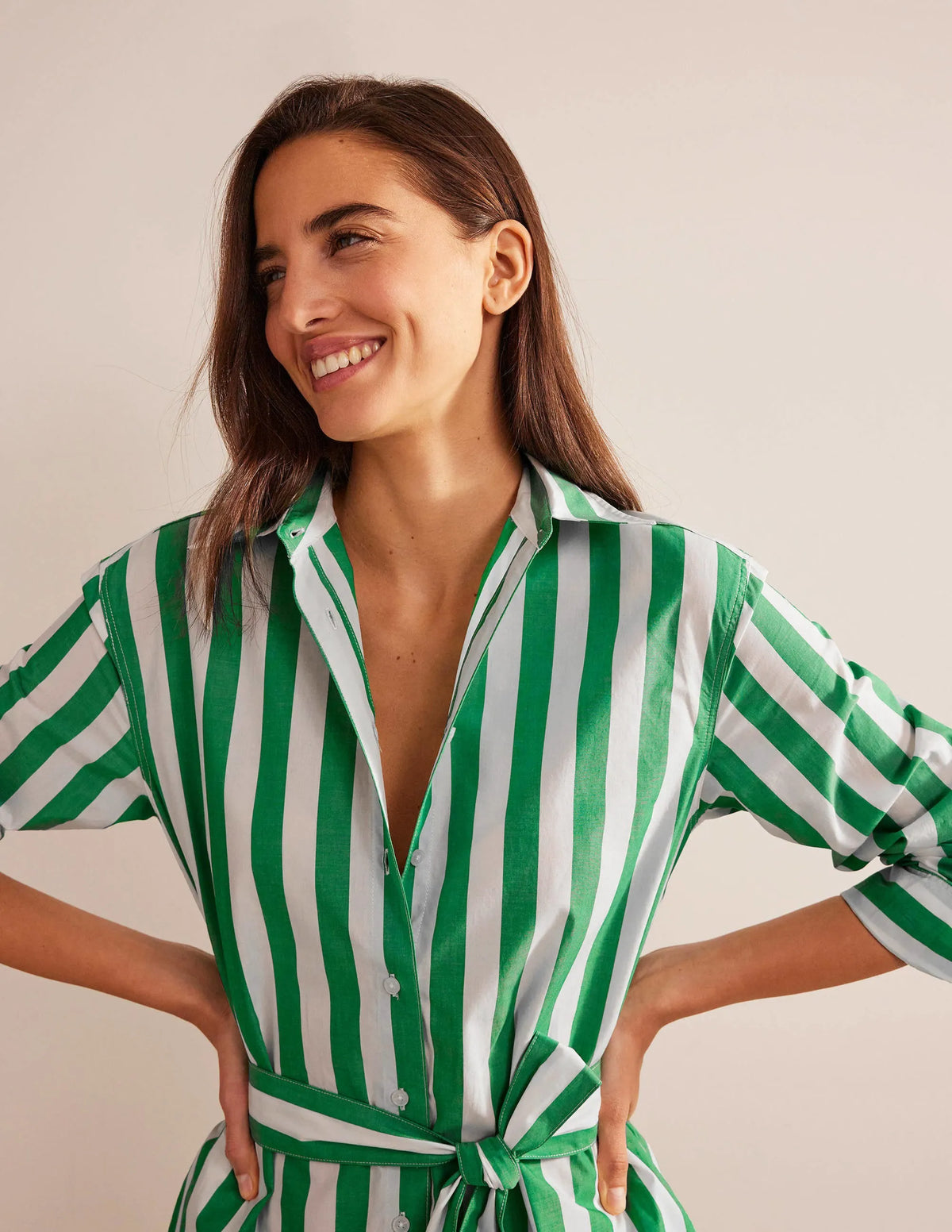 Relaxed Cotton Shirt Dress-Rich Emerald and Ivory