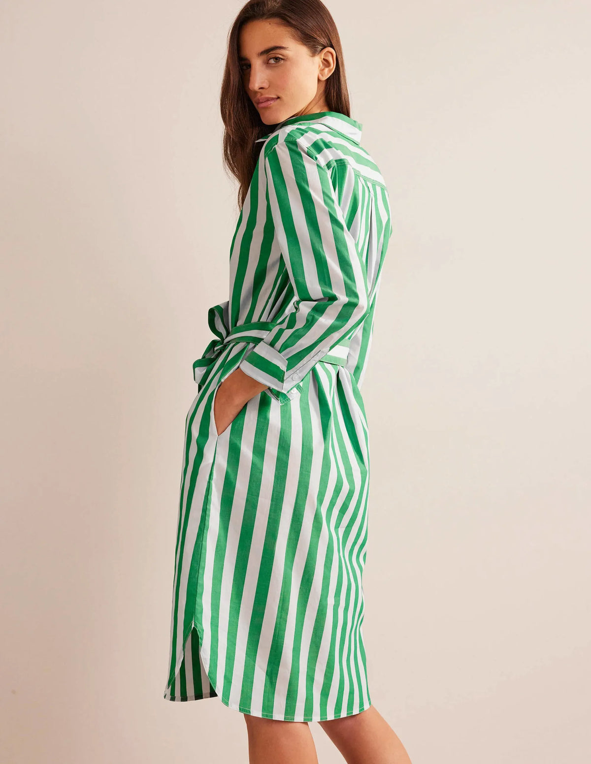 Relaxed Cotton Shirt Dress-Rich Emerald and Ivory