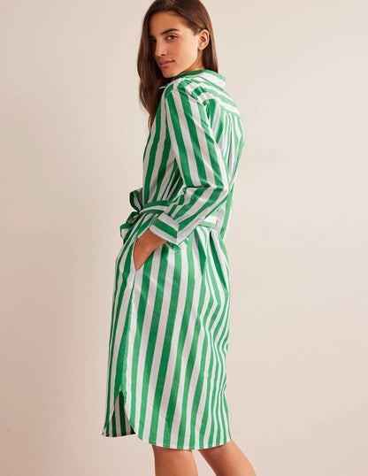 Relaxed Cotton Shirt Dress-Rich Emerald and Ivory