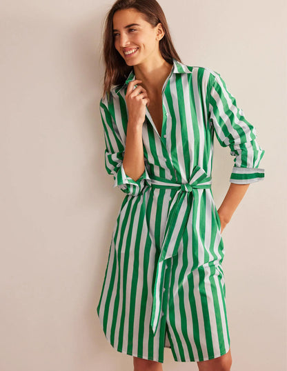 Relaxed Cotton Shirt Dress-Rich Emerald and Ivory