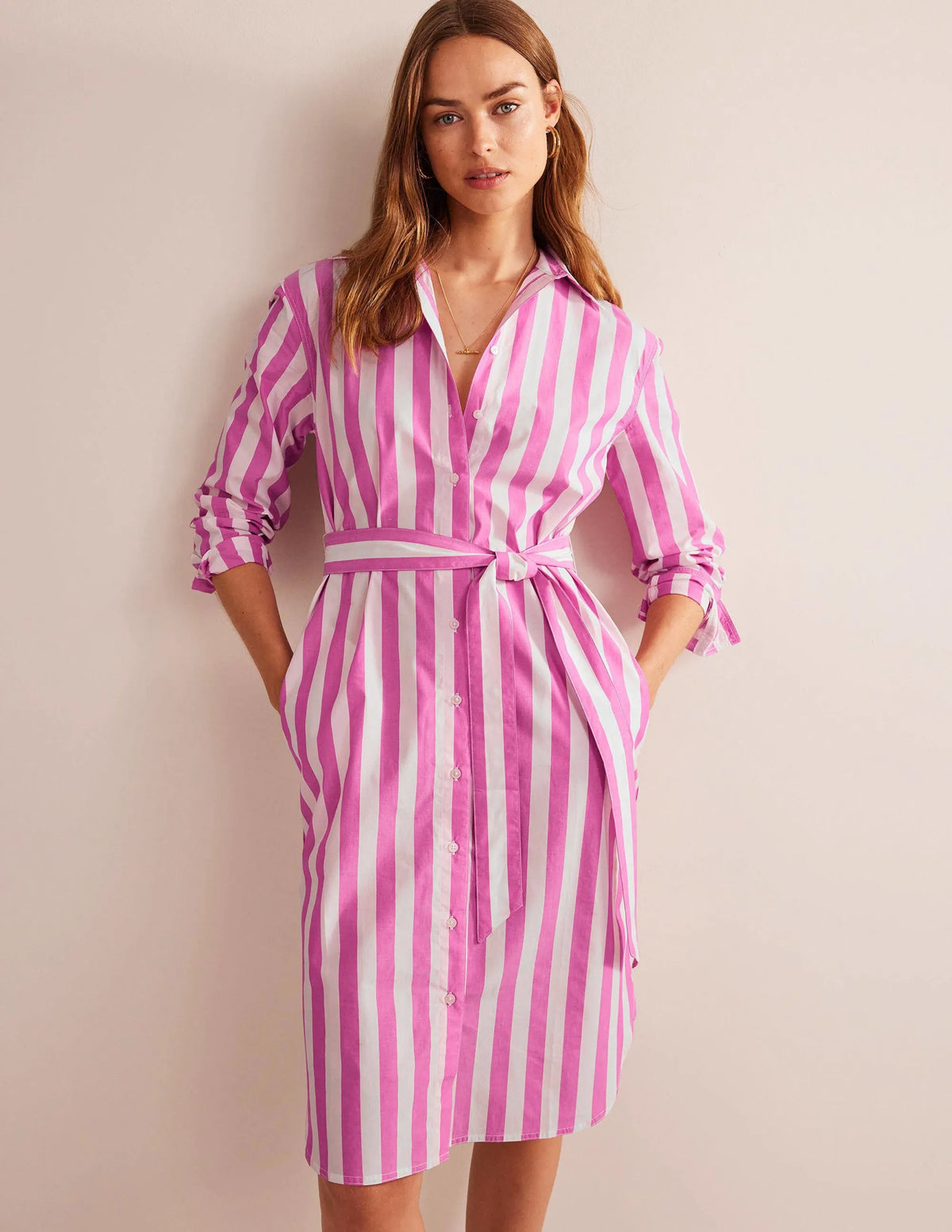 Relaxed Cotton Shirt Dress-Phlox Pink and Ivory