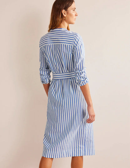 Cotton Belted Shirt Dress-Sapphire and Ivory Stripe