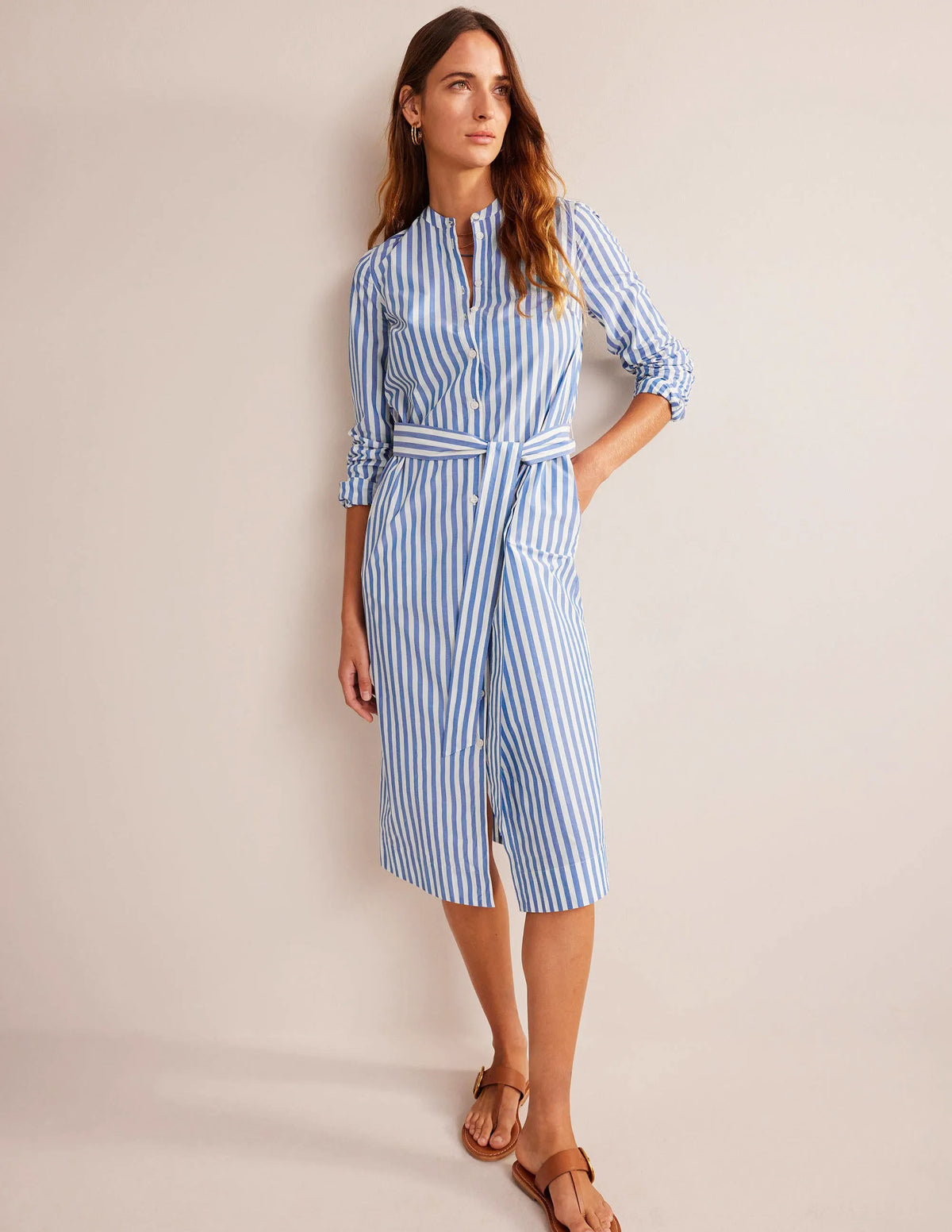Cotton Belted Shirt Dress-Sapphire and Ivory Stripe