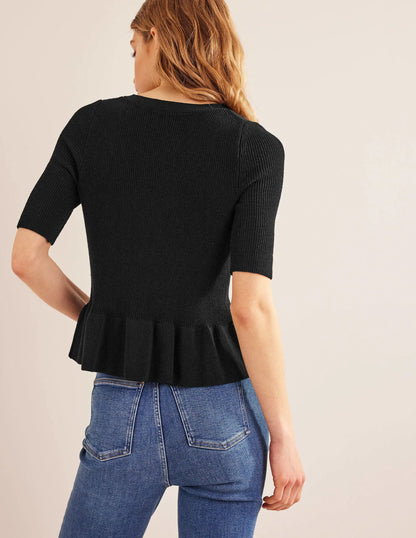Ribbed Peplum Cardigan-Black