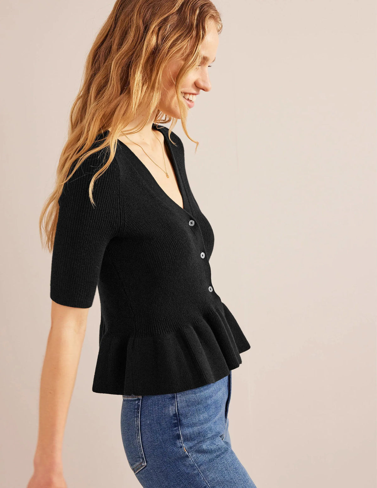 Ribbed Peplum Cardigan-Black