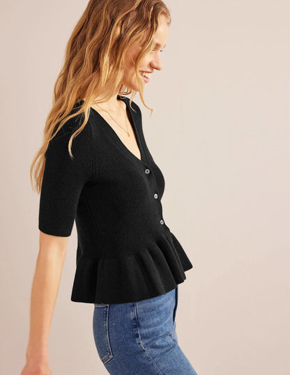 Ribbed Peplum Cardigan-Black