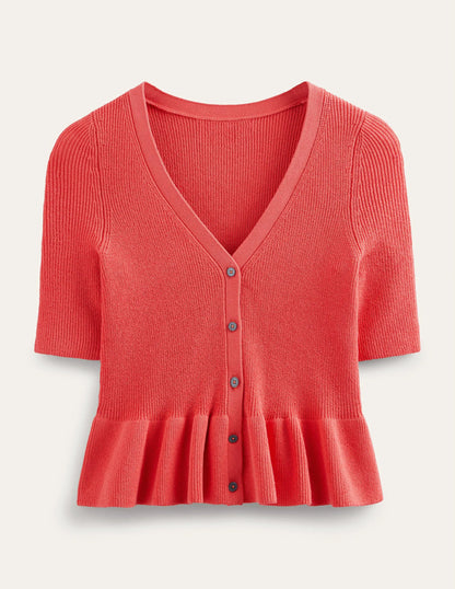 Ribbed Peplum Cardigan-Coral Sunset