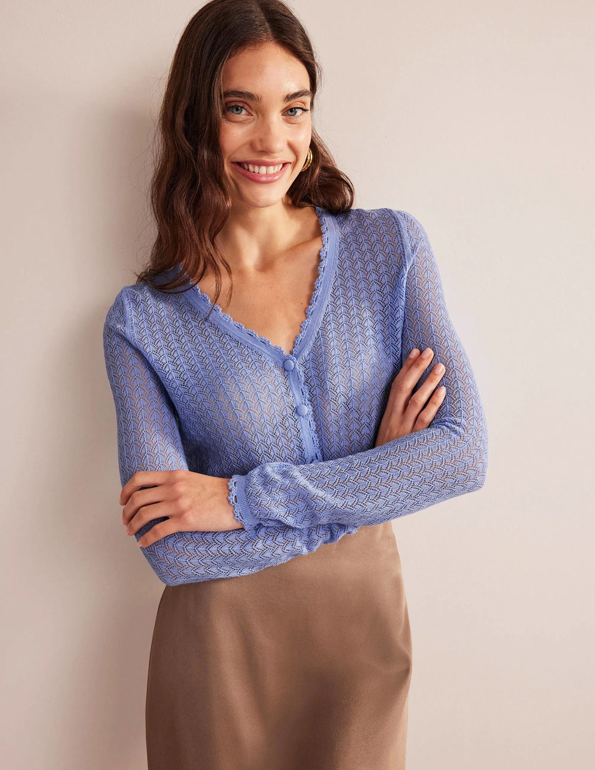 Gold Pointelle Crop Cardigan-Hazy Blue