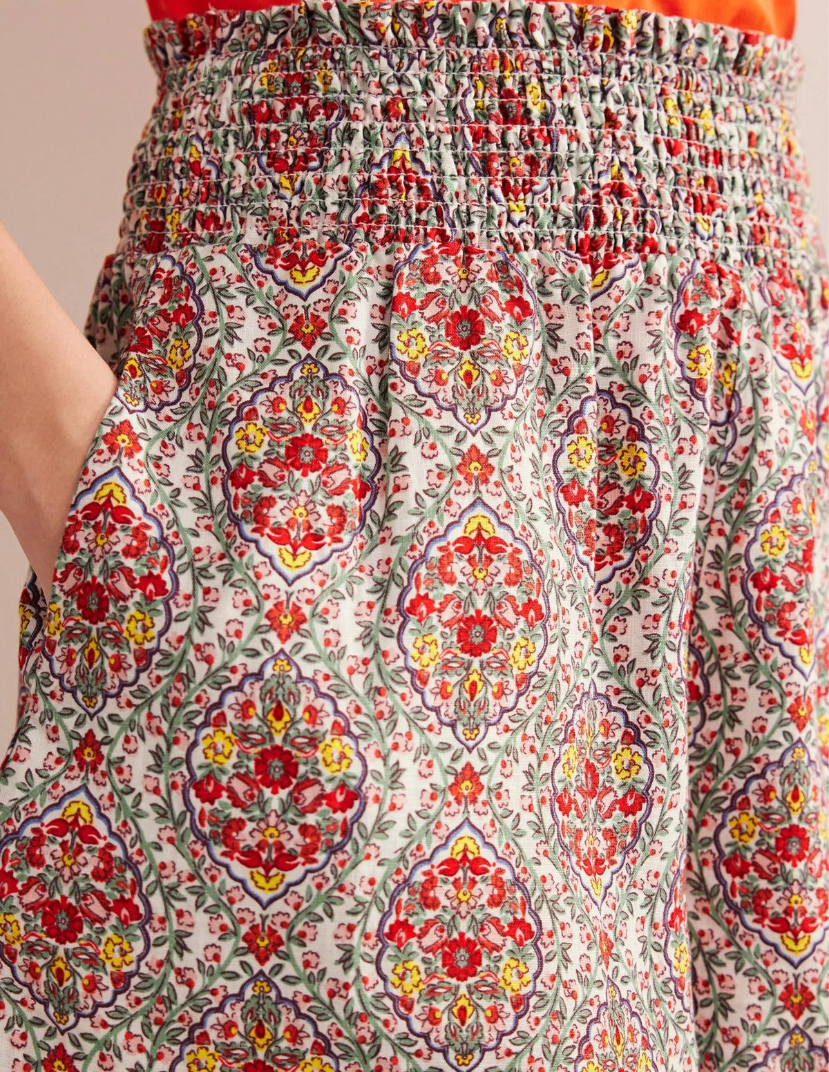 Linen Shirred Waist Shorts-Multi, Vine Terrace