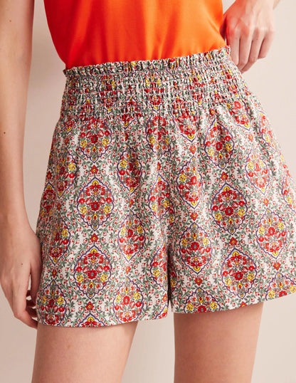 Linen Shirred Waist Shorts-Multi, Vine Terrace