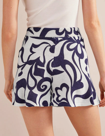 Knitted Shorts-Ink Pot, Ivory Bloom Azure